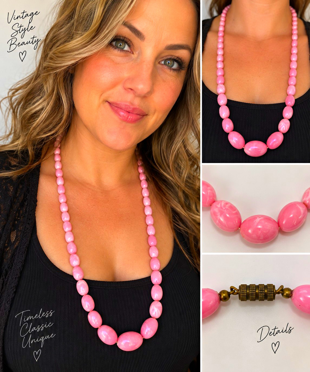 Vintage Pink Marbled Lucite Style Graduated Oval Bead Necklace 29" Screw Clasp